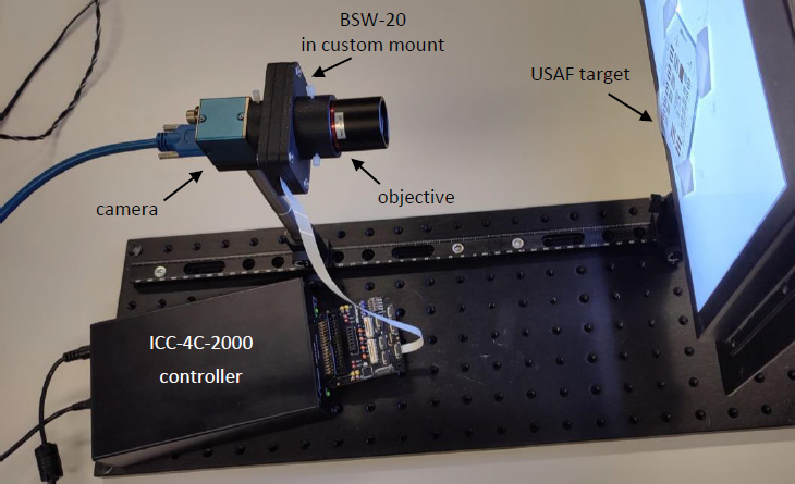 安裝組件，BSW-20 位于相機(jī)和物鏡之間。一個USAF目標(biāo)用于顯示分辨率的變化