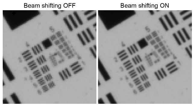 圖 8：（左）USAF目標(biāo)在關(guān)閉 BSW-20 的單色相機(jī)上成像。(右圖）開啟 BSW-20 后USAF目標(biāo)成像。橫向分辨率提高了 41%。